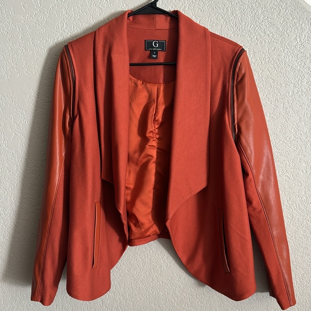 G by Giuliana Faux Leather Sleeve Open Front Draped Jacket Size 12